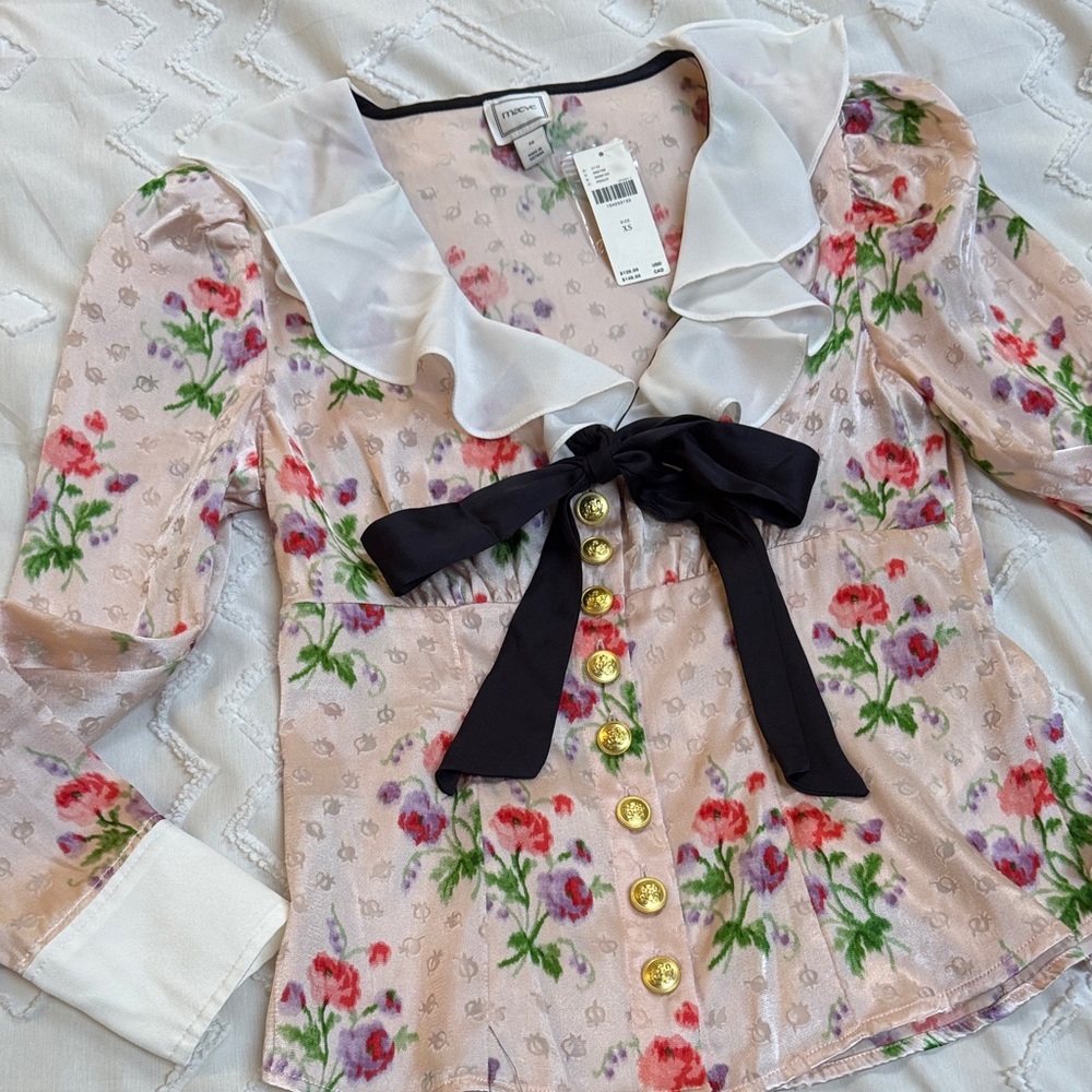Maeve Pink Floral Ruffle Collar Blouse with Black Bow